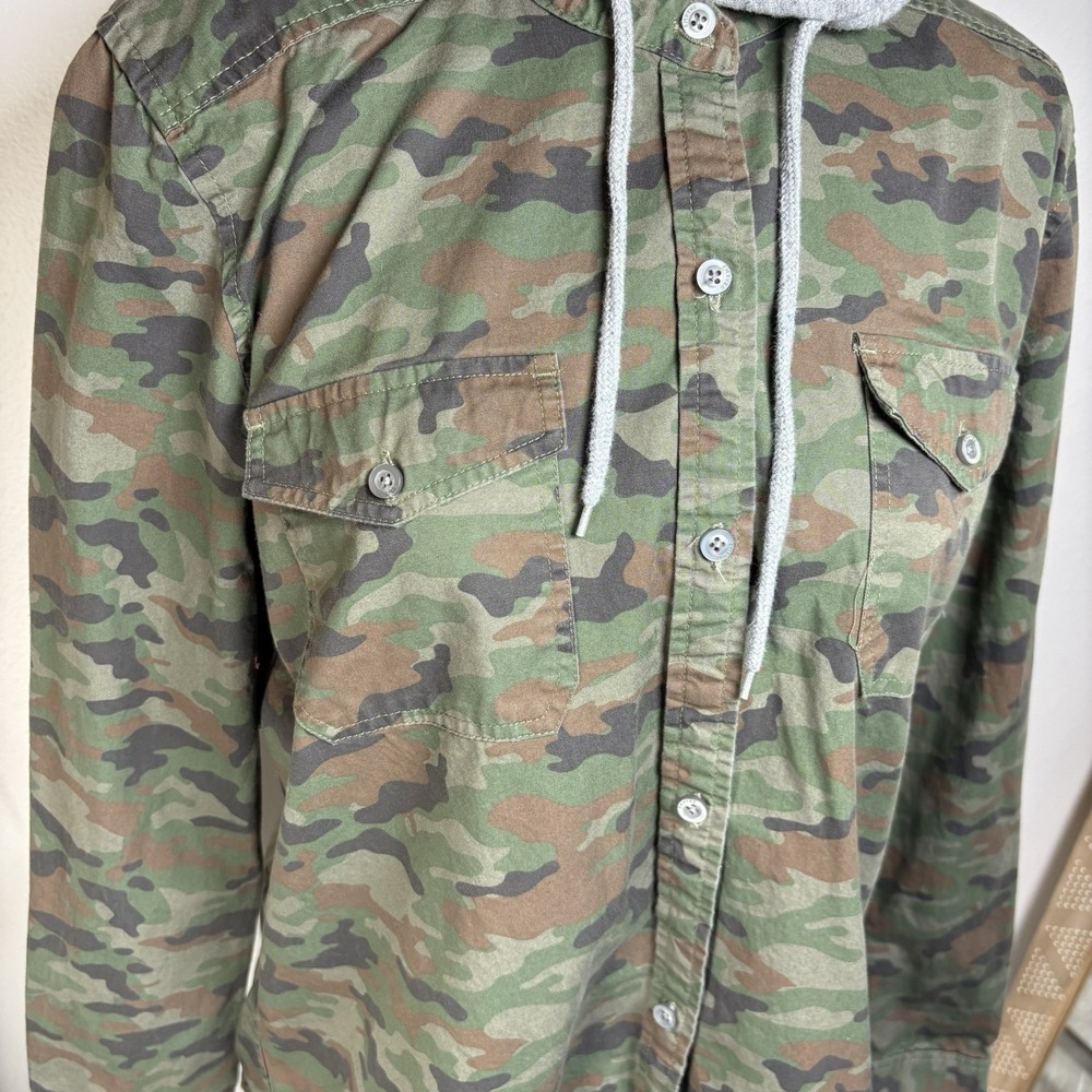 Empyre Mens L Green Camo Hooded Shacket Button Up Shirt Streetwear Cotton Blend - Picture 2 of 16